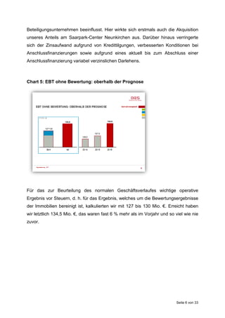 Seite 6 von 33
Beteiligungsunternehmen beeinflusst. Hier wirkte sich erstmals auch die Akquisition
unseres Anteils am Saarpark-Center Neunkirchen aus. Darüber hinaus verringerte
sich der Zinsaufwand aufgrund von Kredittilgungen, verbesserten Konditionen bei
Anschlussfinanzierungen sowie aufgrund eines aktuell bis zum Abschluss einer
Anschlussfinanzierung variabel verzinslichen Darlehens.
Chart 5: EBT ohne Bewertung: oberhalb der Prognose
Für das zur Beurteilung des normalen Geschäftsverlaufes wichtige operative
Ergebnis vor Steuern, d. h. für das Ergebnis, welches um die Bewertungsergebnisse
der Immobilien bereinigt ist, kalkulierten wir mit 127 bis 130 Mio. €. Erreicht haben
wir letztlich 134,5 Mio. €, das waren fast 6 % mehr als im Vorjahr und so viel wie nie
zuvor.
 