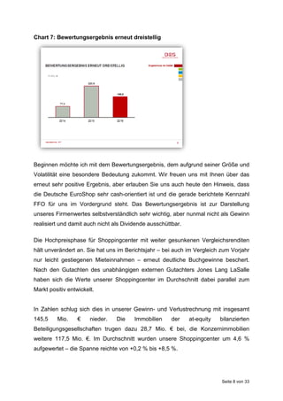 Seite 8 von 33
Chart 7: Bewertungsergebnis erneut dreistellig
Beginnen möchte ich mit dem Bewertungsergebnis, dem aufgrund seiner Größe und
Volatilität eine besondere Bedeutung zukommt. Wir freuen uns mit Ihnen über das
erneut sehr positive Ergebnis, aber erlauben Sie uns auch heute den Hinweis, dass
die Deutsche EuroShop sehr cash-orientiert ist und die gerade berichtete Kennzahl
FFO für uns im Vordergrund steht. Das Bewertungsergebnis ist zur Darstellung
unseres Firmenwertes selbstverständlich sehr wichtig, aber nunmal nicht als Gewinn
realisiert und damit auch nicht als Dividende ausschüttbar.
Die Hochpreisphase für Shoppingcenter mit weiter gesunkenen Vergleichsrenditen
hält unverändert an. Sie hat uns im Berichtsjahr – bei auch im Vergleich zum Vorjahr
nur leicht gestiegenen Mieteinnahmen – erneut deutliche Buchgewinne beschert.
Nach den Gutachten des unabhängigen externen Gutachters Jones Lang LaSalle
haben sich die Werte unserer Shoppingcenter im Durchschnitt dabei parallel zum
Markt positiv entwickelt.
In Zahlen schlug sich dies in unserer Gewinn- und Verlustrechnung mit insgesamt
145,5 Mio. € nieder. Die Immobilien der at-equity bilanzierten
Beteiligungsgesellschaften trugen dazu 28,7 Mio. € bei, die Konzernimmobilien
weitere 117,5 Mio. €. Im Durchschnitt wurden unsere Shoppingcenter um 4,6 %
aufgewertet – die Spanne reichte von +0,2 % bis +8,5 %.
 