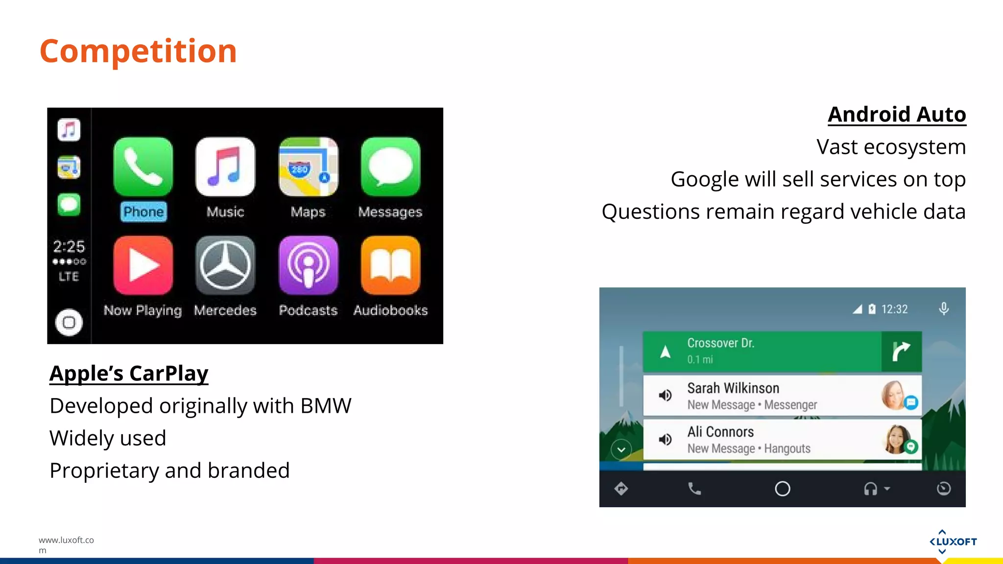 www.luxoft.co
m
Competition
Apple’s CarPlay
Developed originally with BMW
Widely used
Proprietary and branded
Android Auto
Vast ecosystem
Google will sell services on top
Questions remain regard vehicle data
 