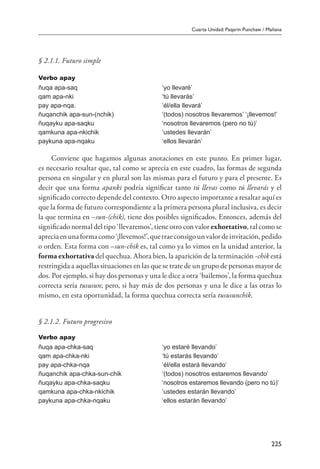 Cuarta Unidad: Paqarin Punchaw / Mañana
225
§ 2.1.1. Futuro simple
Verbo apay
ñuqa apa-saq ‘yo llevaré’
qam apa-nki ‘tú llevarás’
pay apa-nqa. ‘él/ella llevará’
ñuqanchik apa-sun-(nchik) ‘(todos) nosotros llevaremos’ ‘¡llevemos!’
ñuqayku apa-saqku ‘nosotros llevaremos (pero no tú)’
qamkuna apa-nkichik ‘ustedes llevarán’
paykuna apa-nqaku ‘ellos llevarán’
Conviene que hagamos algunas anotaciones en este punto. En primer lugar,
es necesario resaltar que, tal como se aprecia en este cuadro, las formas de segunda
persona en singular y en plural son las mismas para el futuro y para el presente. Es
decir que una forma apanki podría significar tanto tú llevas como tú llevarás y el
significado correcto depende del contexto. Otro aspecto importante a resaltar aquí es
que la forma de futuro correspondiente a la primera persona plural inclusiva, es decir
la que termina en –sun-(chik), tiene dos posibles significados. Entonces, además del
significado normal del tipo ‘llevaremos’, tiene otro con valor exhortativo, tal como se
apreciaenunaformacomo‘¡llevemos!’,quetraeconsigounvalordeinvitación,pedido
o orden. Esta forma con –sun-chik es, tal como ya lo vimos en la unidad anterior, la
forma exhortativa del quechua. Ahora bien, la aparición de la terminación -chik está
restringida a aquellas situaciones en las que se trate de un grupo de personas mayor de
dos. Por ejemplo, si hay dos personas y una le dice a otra ‘bailemos’, la forma quechua
correcta sería tususun; pero, si hay más de dos personas y una le dice a las otras lo
mismo, en esta oportunidad, la forma quechua correcta sería tususunchik.
§ 2.1.2. Futuro progresivo
Verbo apay
ñuqa apa-chka-saq ‘yo estaré llevando’
qam apa-chka-nki ‘tú estarás llevando’
pay apa-chka-nqa ‘él/ella estará llevando’
ñuqanchik apa-chka-sun-chik ‘(todos) nosotros estaremos llevando’
ñuqayku apa-chka-saqku ‘nosotros estaremos llevando (pero no tú)’
qamkuna apa-chka-nkichik ‘ustedes estarán llevando’
paykuna apa-chka-nqaku ‘ellos estarán llevando’
 