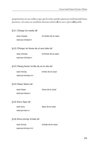 Cuarta Unidad: Paqarin Punchaw / Mañana
235
posposiciones no son sufijos y que, por lo tanto, pueden aparecen conformando frases
posesivas, tal como en castellano decimos dentro de la casa o fuera del pueblo.
§ 6.1. Chawpi:‘en medio de’
wasi chawpi	 ‘al medio de la casa’
wasi-pa chawpi-n
§ 6.2. Chimpa:‘en frente de, al otro lado de’
wasi chimpa	 ‘al frente de la casa’
wasi-pa chimpa-n
§ 6.3. Hanaq, hanan:‘arriba de, en lo alto de’
wasi hanaq	 ‘arriba de la casa’
wasi-pa hanaq-ni-n
§ 6.4. Hawa:‘afuera de’
wasi hawa	 ‘fuera de la casa’
wasi-pa hawa-n
§ 6.5. Karu:‘lejos de’
wasi karu	 ‘lejos de la casa’
wasi-pa karu-n
§ 6.6. Kinra, kinray:‘al lado de’
wasi kinray	 ‘al lado de la casa’
wasi-pa kinray-ni-n
 