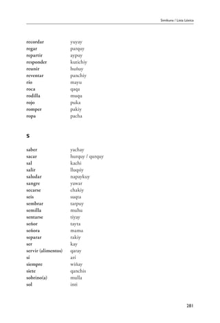 Simikuna / Lista Léxica
281
recordar	 yuyay
regar	 parquy
repartir	 aypuy
responder	 kutichiy
reunir	 huñuy
reventar 	 panchiy
río	 mayu
roca	 qaqa
rodilla	 muqu
rojo	 puka
romper	 pakiy
ropa	 pacha
S
saber	 yachay
sacar	 hurquy / qurquy
sal	 kachi
salir	 lluqsiy
saludar	 napaykuy
sangre	 yawar
secarse	 chakiy
seis	 suqta
sembrar	 tarpuy
semilla	 muhu
sentarse	 tiyay
señor	 tayta
señora	 mama
separar	 rakiy
ser	 kay
servir (alimentos)	 qaray
sí	 arí
siempre	 wiñay
siete	 qanchis
sobrino(a)	 mulla	
sol	 inti
 