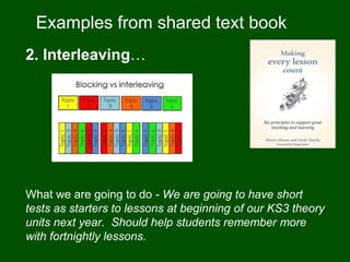 Examples from shared text book
2. Interleaving…
What we are going to do - We are going to have short
tests as starters to lessons at beginning of our KS3 theory
units next year. Should help students remember more
with fortnightly lessons.
 