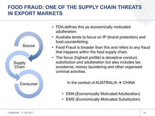 • FDA defines this as economically motivated
adulteration.
• Australia tends to focus on IP (brand protection) and
food counterfeiting.
• Food Fraud is broader than this and refers to any fraud
that happens within the food supply chain.
• The focus (highest profile) is deceptive conduct,
substitution and adulteration but also includes tax
avoidance, money laundering and other organised
criminal activities.
In the context of AUSTRALIA à CHINA
• EMA (Economically Motivated Adulteration)
• EMS (Economically Motivated Substitution)
14
Source
Supply
Chain
Consumer
Confidential © SCI 2017
FOOD FRAUD: ONE OF THE SUPPLY CHAIN THREATS
IN EXPORT MARKETS
 