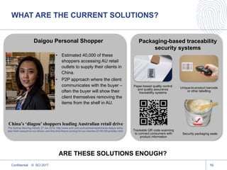 Confidential © SCI 2017 16
WHAT ARE THE CURRENT SOLUTIONS?
China’s ‘diagou’ shoppers leading Australian retail drive
The Sydney Morning Herald, 27 Jan 2016. http://www.smh.com.au/business/retail/chinas-daigou-army-
plan-fresh-assault-on-our-stores--and-this-time-theyre-coming-for-our-cherries-20160126-gme8ec.html
• Estimated 40,000 of these
shoppers accessing AU retail
outlets to supply their clients in
China.
• P2P approach where the client
communicates with the buyer –
often the buyer will show their
client themselves removing the
items from the shelf in AU.
Daigou Personal Shopper Packaging-based traceability
security systems
Paper-based quality control
and quality assurance
traceability systems
Unique-to-product barcode
or other labelling
Trackable QR code scanning
to connect consumers with
product information
Security packaging seals
ARE THESE SOLUTIONS ENOUGH?
 