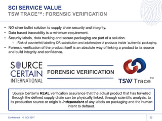 Confidential © SCI 2017 22
SCI SERVICE VALUE
TSW TRACE™: FORENSIC VERIFICATION
• NO silver bullet solution to supply chain security and integrity.
• Data based traceability is a minimum requirement.
• Security labels, data tracking and secure packaging are part of a solution.
– Risk of counterfeit labelling OR substitution and adulteration of products inside ‘authentic’ packaging.
• Forensic verification of the product itself is an absolute way of linking a product to its source
and build integrity and confidence.
TM
Source Certain’s REAL verification assurance that the actual product that has travelled
through the defined supply chain can be physically linked, through scientific analysis, to
its production source or origin is independent of any labels on packaging and the human
intent to defraud.
FORENSIC VERIFICATION
 