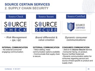 SOURCE CERTAIN SERVICES
2. SUPPLY CHAIN SECURITY
Confidential © SCI 2017 26
• Risk Management
• QA / QC
Source Check
Brand differential &
value creation
Source Secure
Dynamic consumer
communications
Source Certified
EXTERNAL COMMUNICATION
- Value adding, mass
communication options available.
- Communicate that supply chain
is secure.
CONSUMER COMMUNICATION
- Add-on to Source Secure Service.
- Consumer facing, on product,
Source Certified trademark.
- Dynamic communication option for
consumer regarding service and
source of food specific to product and
supply chain.
INTERNAL COMMUNICATION
- No external (consumer
engaging) communication.
 