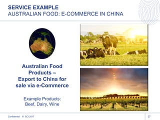 27
Australian Food
Products –
Export to China for
sale via e-Commerce
Example Products:
Beef, Dairy, Wine
SERVICE EXAMPLE
AUSTRALIAN FOOD: E-COMMERCE IN CHINA
Confidential © SCI 2017
 