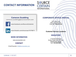CONTACT INFORMATION
30Confidential © SCI 2017
CORPORATE OFFICE (PERTH)
2/27 Clark Court
Bibra Lake WA 6163
Free Call: 1300 872 233
Customer Service Locations
SINGAPORE
7 Temasek Boulevard
Suntec Tower One, 44th Floor
SINGAPORE 038987
Call: +65 6430 6626
MORE INFORMATION
www.sourcecertain.com
CONTACT
Email Enquiries: info@sourcecertain.com
Cameron Scadding
cameron.scadding@sourcecertain.com
www.facebook.com/SourceCertainInt
www.linkedin.com/showcase/15179871/
 