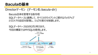 Baculaの基本
19
Bacula全体を管理する指令塔
SQLデータベースと連携して、すべてのクライアントに関するバックアップ
とリストアの設定を管理し、ジョブの実行を制御します。
SQLデータベースをカタログと呼びます。
今回の構築ではMYSQLを使用します。
Directorデーモン
(bacula全体管理)
+
DB(カタログ)
Fileデーモン
(バックアップ対象機)
Storageデーモン
(バックアップデータ管理)
Console
(ユーザ操作)
Directorデーモン (デーモン名:bacula-dir)
 