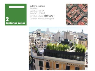 Cubierta Eixample
Barcelona
Superficie: 180 m2	
Ratio DCU: 20€/m2	
Derechos totales: 3.600€/año
Duración: 20 años prorrogable
 