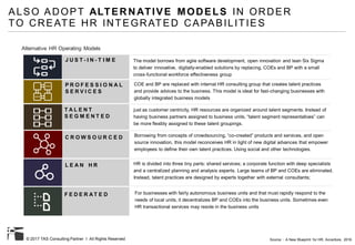© 2017 TAS Consulting Partner I All Rights Reserved
ALSO ADOPT ALTERNATIVE MODELS IN ORDER
TO CREATE HR INTEGRATED CAPABILITIES
C R O W S O U R C E D
T A L E N T
S E G M E N T E D
P R O F E S S I O N A L
S E R V I C E S
J U S T - I N - T I M E
L E A N H R
F E D E R A T E D
The model borrows from agile software development, open innovation and lean Six Sigma
to deliver innovative, digitally-enabled solutions by replacing. COEs and BP with a small
cross-functional workforce effectiveness group
COE and BP are replaced with internal HR consulting group that creates talent practices
and provide advices to the business. This model is ideal for fast-changing businesses with
globally integrated business models
just as customer centricity, HR resources are organized around talent segments. Instead of
having business partners assigned to business units, “talent segment representatives” can
be more flexibly assigned to these talent groupings.
Borrowing from concepts of crowdsourcing, “co-created” products and services, and open
source innovation, this model reconceives HR in light of new digital advances that empower
employees to define their own talent practices. Using social and other technologies.
Alternative HR Operating Models
HR is divided into three tiny parts: shared services; a corporate function with deep specialists
and a centralized planning and analysis experts. Large teams of BP and COEs are eliminated.
Instead, talent practices are designed by experts together with external consultants;
For businesses with fairly autonomous business units and that must rapidly respond to the
needs of local units, it decentralizes BP and COEs into the business units. Sometimes even
HR transactional services may reside in the business units
Source : A New Blueprint for HR, Accenture, 2016
 