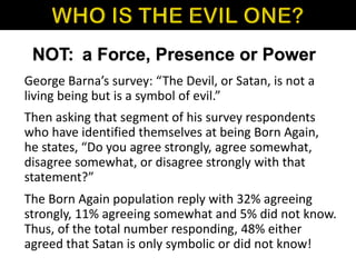 NOT: a Force, Presence or Power
George Barna’s survey: “The Devil, or Satan, is not a
living being but is a symbol of evil.”
Then asking that segment of his survey respondents
who have identified themselves at being Born Again,
he states, “Do you agree strongly, agree somewhat,
disagree somewhat, or disagree strongly with that
statement?”
The Born Again population reply with 32% agreeing
strongly, 11% agreeing somewhat and 5% did not know.
Thus, of the total number responding, 48% either
agreed that Satan is only symbolic or did not know!
 