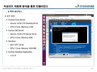2017년 제2분기 사이버 침해사고 정보공유 세미나
 설치 환경
 Cuckoo Core Server
• Ubuntu 16.04 LTS Desktop 64 bit
• CPU 4 Core, Memory 4 GB
 Cuckoo DB Server
• Ubuntu 16.04 LTS Server 64 bit
• CPU 4 Core, Memory 4GB
 Sandbox
• Win7 SP1 32 bit
• CPU 1 Core, Memory 1024 MB
 Cuckoo Sandbox Application
• v 2.0.X
악성코드 자동화 분석을 통한 인텔리전스
18
 쿡쿠 샌드박스
 