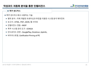 2017년 제2분기 사이버 침해사고 정보공유 세미나
 쿡쿠 샌드박스에서 사용하는 기술
 행위 분석 - 자체 개발한 트레이싱과 후킹을 이용한 시스템 분석 에이전트
 보고서 - HTML, PDF, JSON, 웹 사이트
 인텔리전스 연동 - MISP
 쿡쿠 시스템 관리 도구 - ICINGA
 안드로이드 관련 - GooglePlay, Droidmon, ApkInfo,
 바이러스토탈, Certification Pinning at PE
악성코드 자동화 분석을 통한 인텔리전스
21
 쿡쿠 샌드박스
 