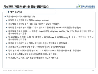 2017년 제2분기 사이버 침해사고 정보공유 세미나
 쿡쿠 샌드박스에서 사용하는 기능
 다양한 악성코드용 해시 지원 - ssdeep, Imphash
 전자메일 첨부파일 분석 기능 - 2.0-RC2에서 언급 / 구현중(?)
 레터럴 무브먼트 분석 지원 - 다수의 샌드박스 동시 운영 2.0-RC1에서 언급 / 구현중(?)
 네트워크 라우팅 지원 - no 라우팅, drop 라우팅, dirty line, InetSim, Tor, VPN 등) / 구현되어 있으나
문서화되어 있지 않음
 TLS/HTTPS 트래픽 수집 및 복호화 - MITMProxy & HTTPReplay를 이용 / 구현되어 있으나
문서화되어 있지 않음
 메모리 베이스라인 분석 지원 - 구현되어 있으나 문서화되어 있지 않음
 프로세스 메모리에서 URL 추출 - 구현되어 있으나 잘 동작하지 않음
 정적 분석 시그니처와 동적 분석 시그니처 제작 - YARA와 쿡쿠 함수를 이용 / 구현 완료
 악성 행위 수치화 - 동적 분석 시그니처를 이용 / 구현 완료
 악성코드 비교 기능 - API 호출 순서에 의한 비교 / 구현 완료
악성코드 자동화 분석을 통한 인텔리전스
22
 쿡쿠 샌드박스
 