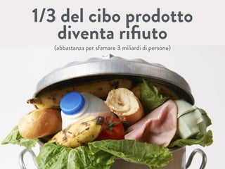 1/3 del cibo prodotto
diventa riﬁuto
(abbastanza per sfamare 3 miliardi di persone)
 