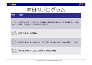 本⽇のプログラム
2
時間 内容
13:00 -
14:00
ロボティクス・ソフトウェア分野におけるRTミドルウェアの位置づけと今後
担当︓安藤慶昭 (産業技術総合研究所)
14:00 -
15:00
RTミドルウェアの基本
15:00 -
16:00
RTミドルウェアとハードウェア - T型ロボットベース（4輪台⾞）、センサ
16:00 -
17:00
RTミドルウェアによるロボットシステムの構成
 