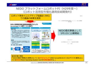 NEDO プラットフォームロボットPJ（H29年度〜）
（ロボット活⽤型市場化適⽤技術開発PJ）
25
ロボット⾰命イニシアティブ協議会 (RRI)
での議論の結果を提⾔
NEDO委託事業として
5⽉1⽇に公募開始
基本計画に明記
「ＮＥＤＯ事業で開発され標準となっているＲＴミドルウェア（OMG formal/08-04-01）又はデファクト標準となっ
ているＲＯＳ（Robot Operating System）などの利用を推奨する。」
 
