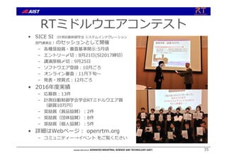 RTミドルウエアコンテスト
• SICE SI （計測⾃動制御学会 システムインテグレーション
部⾨講演会 ）のセッションとして開催
– 各種奨励賞・審査基準開⽰:5⽉頃
– エントリー〆切︓8⽉21⽇(SI2017締切）
– 講演原稿〆切︓9⽉25⽇
– ソフトウエア登録︓10⽉ごろ
– オンライン審査︓11⽉下旬〜
– 発表・授賞式︓12⽉ごろ
• 2016年度実績
– 応募数︓13件
– 計測⾃動制御学会学会RTミドルウエア賞
（副賞10万円）
– 奨励賞（賞品協賛）︓2件
– 奨励賞（団体協賛）︓8件
– 奨励賞（個⼈協賛）︓5件
• 詳細はWebページ︓ openrtm.org
– コミュニティー→イベント をご覧ください
35
 