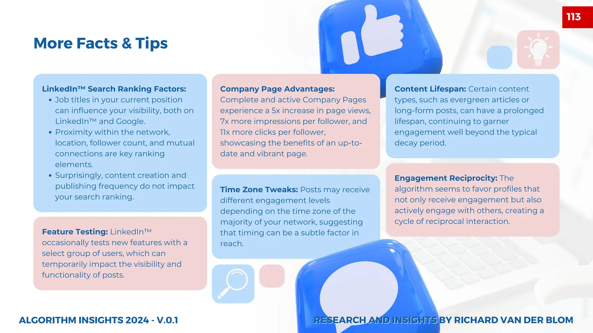 LinkedIn™ Search Ranking Factors:
Job titles in your current position
can influence your visibility, both on
LinkedIn™ and Google.
Proximity within the network,
location, follower count, and mutual
connections are key ranking
elements.
Surprisingly, content creation and
publishing frequency do not impact
your search ranking.
Feature Testing: LinkedIn™
occasionally tests new features with a
select group of users, which can
temporarily impact the visibility and
functionality of posts.
Company Page Advantages:
Complete and active Company Pages
experience a 5x increase in page views,
7x more impressions per follower, and
11x more clicks per follower,
showcasing the benefits of an up-to-
date and vibrant page.
Time Zone Tweaks: Posts may receive
different engagement levels
depending on the time zone of the
majority of your network, suggesting
that timing can be a subtle factor in
reach.
Content Lifespan: Certain content
types, such as evergreen articles or
long-form posts, can have a prolonged
lifespan, continuing to garner
engagement well beyond the typical
decay period.
Engagement Reciprocity: The
algorithm seems to favor profiles that
not only receive engagement but also
actively engage with others, creating a
cycle of reciprocal interaction.
ALGORITHM INSIGHTS 2024 - V.0.1
More Facts & Tips
RESEARCH AND INSIGHTS BY RICHARD VAN DER BLOM
RESEARCH AND INSIGHTS BY RICHARD VAN DER BLOM
113
 