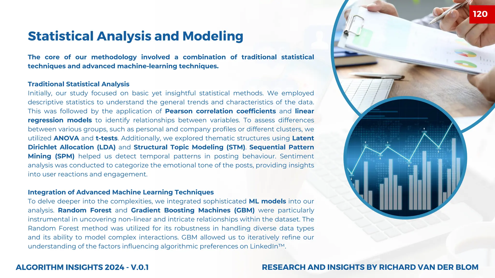 The core of our methodology involved a combination of traditional statistical
techniques and advanced machine-learning techniques.
Traditional Statistical Analysis
Initially, our study focused on basic yet insightful statistical methods. We employed
descriptive statistics to understand the general trends and characteristics of the data.
This was followed by the application of Pearson correlation coefficients and linear
regression models to identify relationships between variables. To assess differences
between various groups, such as personal and company profiles or different clusters, we
utilized ANOVA and t-tests. Additionally, we explored thematic structures using Latent
Dirichlet Allocation (LDA) and Structural Topic Modeling (STM). Sequential Pattern
Mining (SPM) helped us detect temporal patterns in posting behaviour. Sentiment
analysis was conducted to categorize the emotional tone of the posts, providing insights
into user reactions and engagement.
Integration of Advanced Machine Learning Techniques
To delve deeper into the complexities, we integrated sophisticated ML models into our
analysis. Random Forest and Gradient Boosting Machines (GBM) were particularly
instrumental in uncovering non-linear and intricate relationships within the dataset. The
Random Forest method was utilized for its robustness in handling diverse data types
and its ability to model complex interactions. GBM allowed us to iteratively refine our
understanding of the factors influencing algorithmic preferences on LinkedIn™.
Statistical Analysis and Modeling
ALGORITHM INSIGHTS 2024 - V.0.1 RESEARCH AND INSIGHTS BY RICHARD VAN DER BLOM
RESEARCH AND INSIGHTS BY RICHARD VAN DER BLOM
120
 