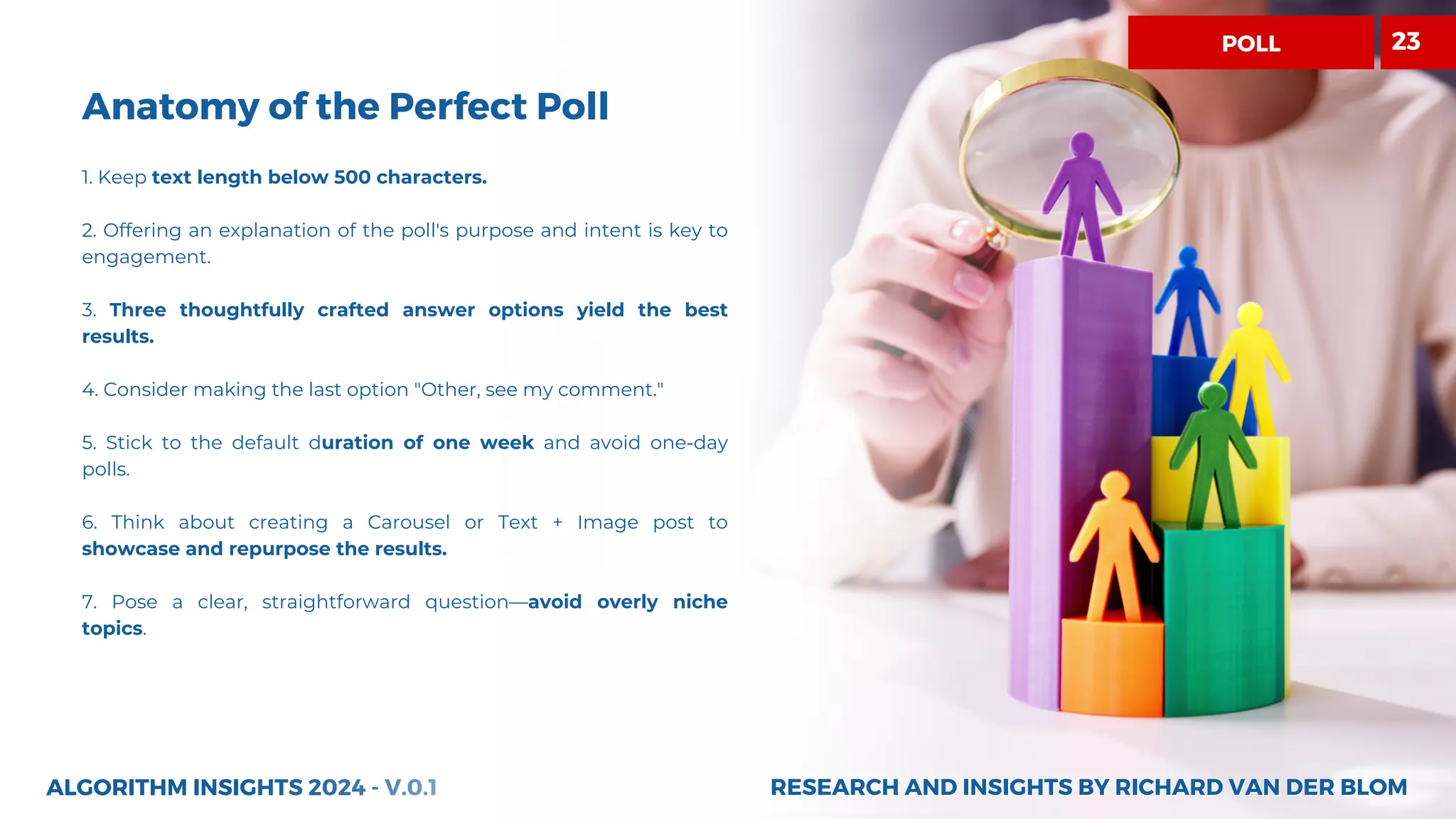 ALGORITHM INSIGHTS 2024 - V.0.1
Anatomy of the Perfect Poll
1. Keep text length below 500 characters.
2. Offering an explanation of the poll's purpose and intent is key to
engagement.
3. Three thoughtfully crafted answer options yield the best
results.
4. Consider making the last option "Other, see my comment."
5. Stick to the default duration of one week and avoid one-day
polls.
6. Think about creating a Carousel or Text + Image post to
showcase and repurpose the results.
7. Pose a clear, straightforward question—avoid overly niche
topics.
RESEARCH AND INSIGHTS BY RICHARD VAN DER BLOM
RESEARCH AND INSIGHTS BY RICHARD VAN DER BLOM
POLL 23
 