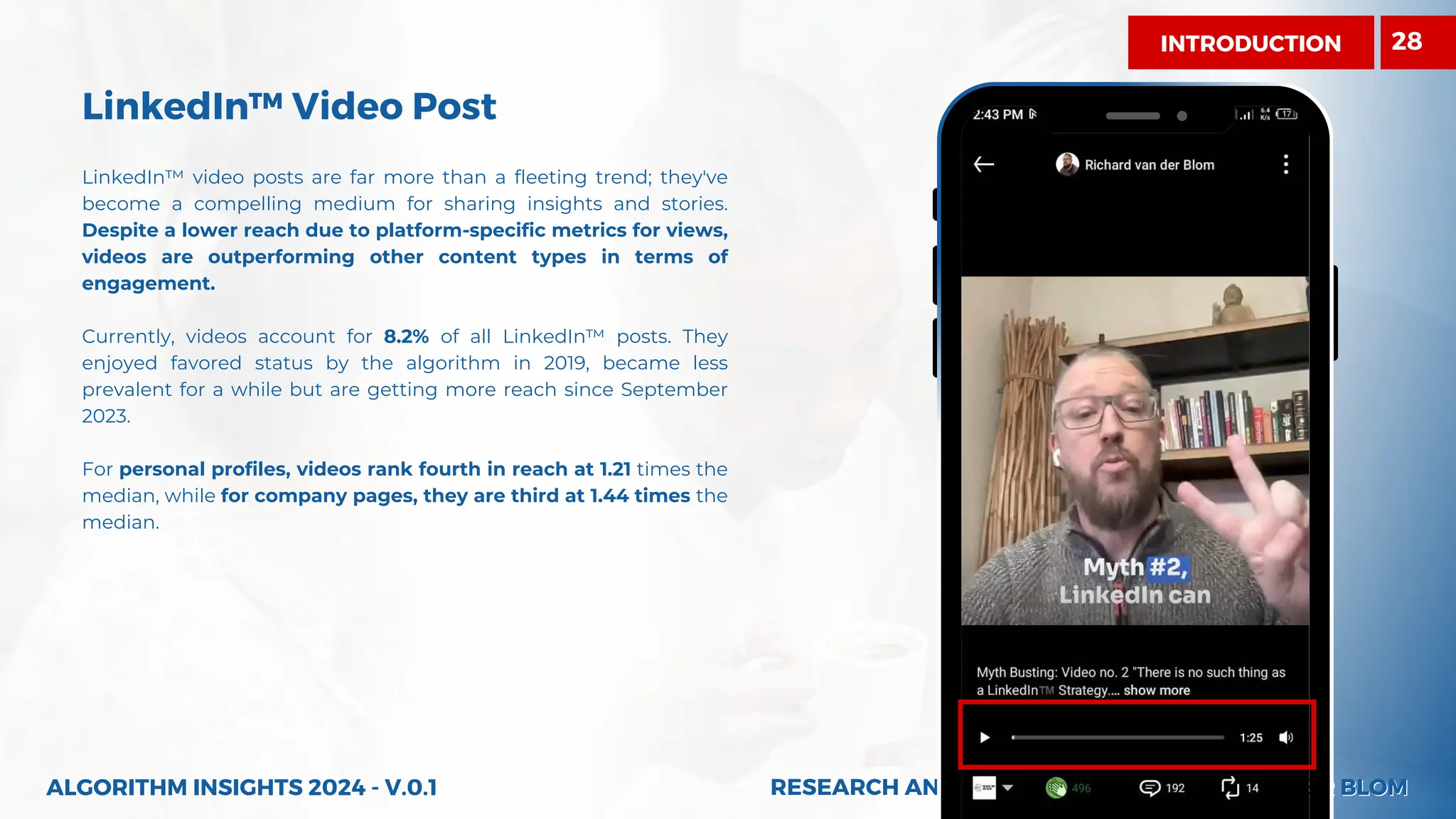 RESEARCH AND INSIGHTS BY RICHARD VAN DER BLOM
RESEARCH AND INSIGHTS BY RICHARD VAN DER BLOM
LinkedIn™ Video Post
LinkedIn™ video posts are far more than a fleeting trend; they've
become a compelling medium for sharing insights and stories.
Despite a lower reach due to platform-specific metrics for views,
videos are outperforming other content types in terms of
engagement.
Currently, videos account for 8.2% of all LinkedIn™ posts. They
enjoyed favored status by the algorithm in 2019, became less
prevalent for a while but are getting more reach since September
2023.
For personal profiles, videos rank fourth in reach at 1.21 times the
median, while for company pages, they are third at 1.44 times the
median.
ALGORITHM INSIGHTS 2024 - V.0.1
INTRODUCTION 28
 
