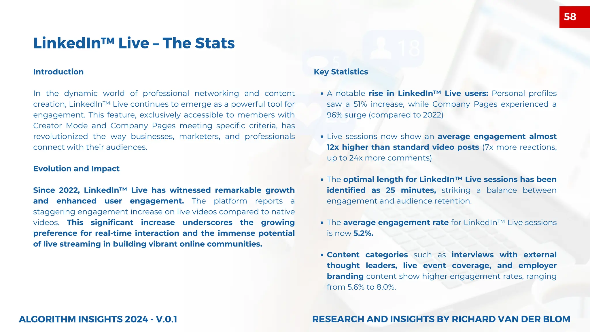 LinkedIn™ Live – The Stats
Introduction
In the dynamic world of professional networking and content
creation, LinkedIn™ Live continues to emerge as a powerful tool for
engagement. This feature, exclusively accessible to members with
Creator Mode and Company Pages meeting specific criteria, has
revolutionized the way businesses, marketers, and professionals
connect with their audiences.
Evolution and Impact
Since 2022, LinkedIn™ Live has witnessed remarkable growth
and enhanced user engagement. The platform reports a
staggering engagement increase on live videos compared to native
videos. This significant increase underscores the growing
preference for real-time interaction and the immense potential
of live streaming in building vibrant online communities.
ALGORITHM INSIGHTS 2024 - V.0.1
Key Statistics
A notable rise in LinkedIn™ Live users: Personal profiles
saw a 51% increase, while Company Pages experienced a
96% surge (compared to 2022)
Live sessions now show an average engagement almost
12x higher than standard video posts (7x more reactions,
up to 24x more comments)
The optimal length for LinkedIn™ Live sessions has been
identified as 25 minutes, striking a balance between
engagement and audience retention.
The average engagement rate for LinkedIn™ Live sessions
is now 5.2%.
Content categories such as interviews with external
thought leaders, live event coverage, and employer
branding content show higher engagement rates, ranging
from 5.6% to 8.0%.
RESEARCH AND INSIGHTS BY RICHARD VAN DER BLOM
RESEARCH AND INSIGHTS BY RICHARD VAN DER BLOM
58
 
