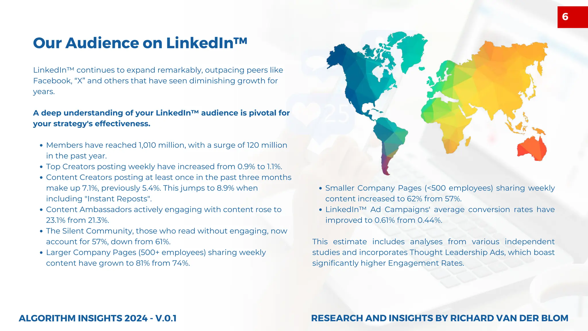 LinkedIn™ continues to expand remarkably, outpacing peers like
Facebook, “X” and others that have seen diminishing growth for
years.
A deep understanding of your LinkedIn™ audience is pivotal for
your strategy's effectiveness.
Members have reached 1,010 million, with a surge of 120 million
in the past year.
Top Creators posting weekly have increased from 0.9% to 1.1%.
Content Creators posting at least once in the past three months
make up 7.1%, previously 5.4%. This jumps to 8.9% when
including "Instant Reposts".
Content Ambassadors actively engaging with content rose to
23.1% from 21.3%.
The Silent Community, those who read without engaging, now
account for 57%, down from 61%.
Larger Company Pages (500+ employees) sharing weekly
content have grown to 81% from 74%.
Our Audience on LinkedIn™
Smaller Company Pages (<500 employees) sharing weekly
content increased to 62% from 57%.
LinkedIn™ Ad Campaigns' average conversion rates have
improved to 0.61% from 0.44%.
This estimate includes analyses from various independent
studies and incorporates Thought Leadership Ads, which boast
significantly higher Engagement Rates.
ALGORITHM INSIGHTS 2024 - V.0.1 RESEARCH AND INSIGHTS BY RICHARD VAN DER BLOM
RESEARCH AND INSIGHTS BY RICHARD VAN DER BLOM
6
 