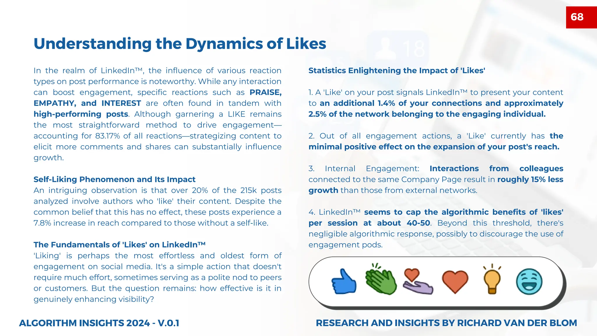 In the realm of LinkedIn™, the influence of various reaction
types on post performance is noteworthy. While any interaction
can boost engagement, specific reactions such as PRAISE,
EMPATHY, and INTEREST are often found in tandem with
high-performing posts. Although garnering a LIKE remains
the most straightforward method to drive engagement—
accounting for 83.17% of all reactions—strategizing content to
elicit more comments and shares can substantially influence
growth.
Self-Liking Phenomenon and Its Impact
An intriguing observation is that over 20% of the 215k posts
analyzed involve authors who 'like' their content. Despite the
common belief that this has no effect, these posts experience a
7.8% increase in reach compared to those without a self-like.
The Fundamentals of 'Likes' on LinkedIn™
'Liking' is perhaps the most effortless and oldest form of
engagement on social media. It's a simple action that doesn't
require much effort, sometimes serving as a polite nod to peers
or customers. But the question remains: how effective is it in
genuinely enhancing visibility?
ALGORITHM INSIGHTS 2024 - V.0.1
Understanding the Dynamics of Likes
Statistics Enlightening the Impact of 'Likes'
1. A 'Like' on your post signals LinkedIn™ to present your content
to an additional 1.4% of your connections and approximately
2.5% of the network belonging to the engaging individual.
2. Out of all engagement actions, a 'Like' currently has the
minimal positive effect on the expansion of your post's reach.
3. Internal Engagement: Interactions from colleagues
connected to the same Company Page result in roughly 15% less
growth than those from external networks.
4. LinkedIn™ seems to cap the algorithmic benefits of 'likes'
per session at about 40-50. Beyond this threshold, there's
negligible algorithmic response, possibly to discourage the use of
engagement pods.
RESEARCH AND INSIGHTS BY RICHARD VAN DER BLOM
RESEARCH AND INSIGHTS BY RICHARD VAN DER BLOM
68
 