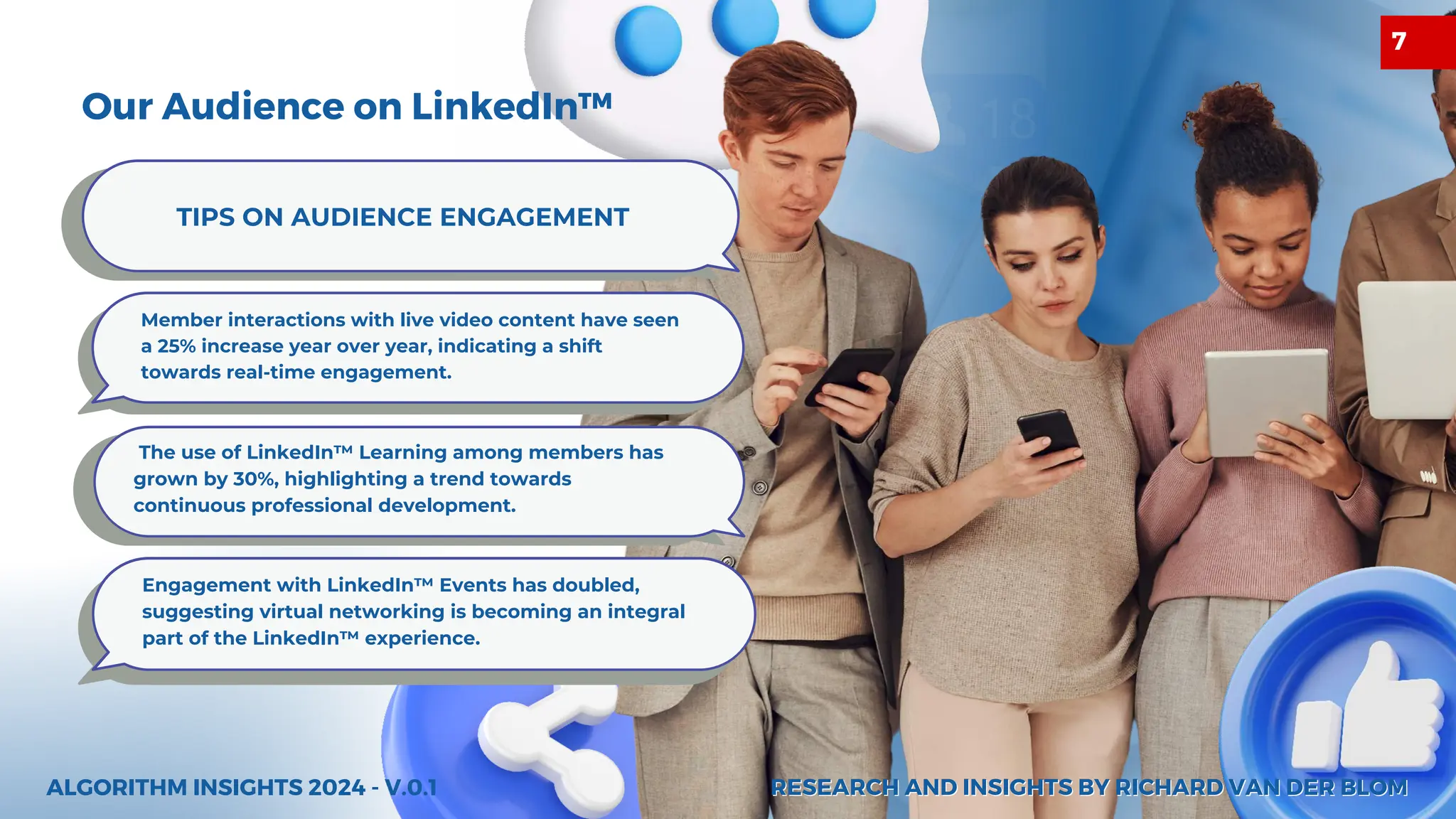 Member interactions with live video content have seen
a 25% increase year over year, indicating a shift
towards real-time engagement.
The use of LinkedIn™ Learning among members has
grown by 30%, highlighting a trend towards
continuous professional development.
Engagement with LinkedIn™ Events has doubled,
suggesting virtual networking is becoming an integral
part of the LinkedIn™ experience.
TIPS ON AUDIENCE ENGAGEMENT
Our Audience on LinkedIn™
ALGORITHM INSIGHTS 2024 - V.0.1 RESEARCH AND INSIGHTS BY RICHARD VAN DER BLOM
RESEARCH AND INSIGHTS BY RICHARD VAN DER BLOM
7
 