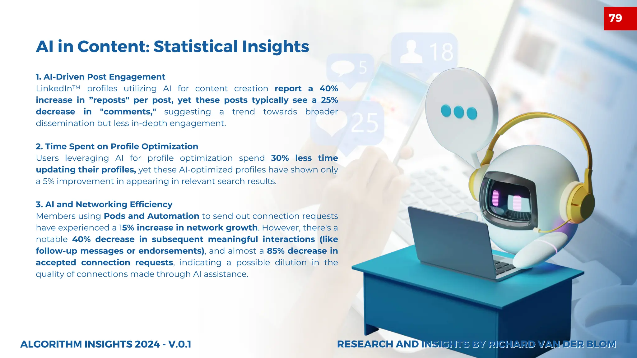 AI in Content: Statistical Insights
1. AI-Driven Post Engagement
LinkedIn™ profiles utilizing AI for content creation report a 40%
increase in ”reposts" per post, yet these posts typically see a 25%
decrease in "comments," suggesting a trend towards broader
dissemination but less in-depth engagement.
2. Time Spent on Profile Optimization
Users leveraging AI for profile optimization spend 30% less time
updating their profiles, yet these AI-optimized profiles have shown only
a 5% improvement in appearing in relevant search results.
3. AI and Networking Efficiency
Members using Pods and Automation to send out connection requests
have experienced a 15% increase in network growth. However, there's a
notable 40% decrease in subsequent meaningful interactions (like
follow-up messages or endorsements), and almost a 85% decrease in
accepted connection requests, indicating a possible dilution in the
quality of connections made through AI assistance.
ALGORITHM INSIGHTS 2024 - V.0.1 RESEARCH AND INSIGHTS BY RICHARD VAN DER BLOM
RESEARCH AND INSIGHTS BY RICHARD VAN DER BLOM
79
 