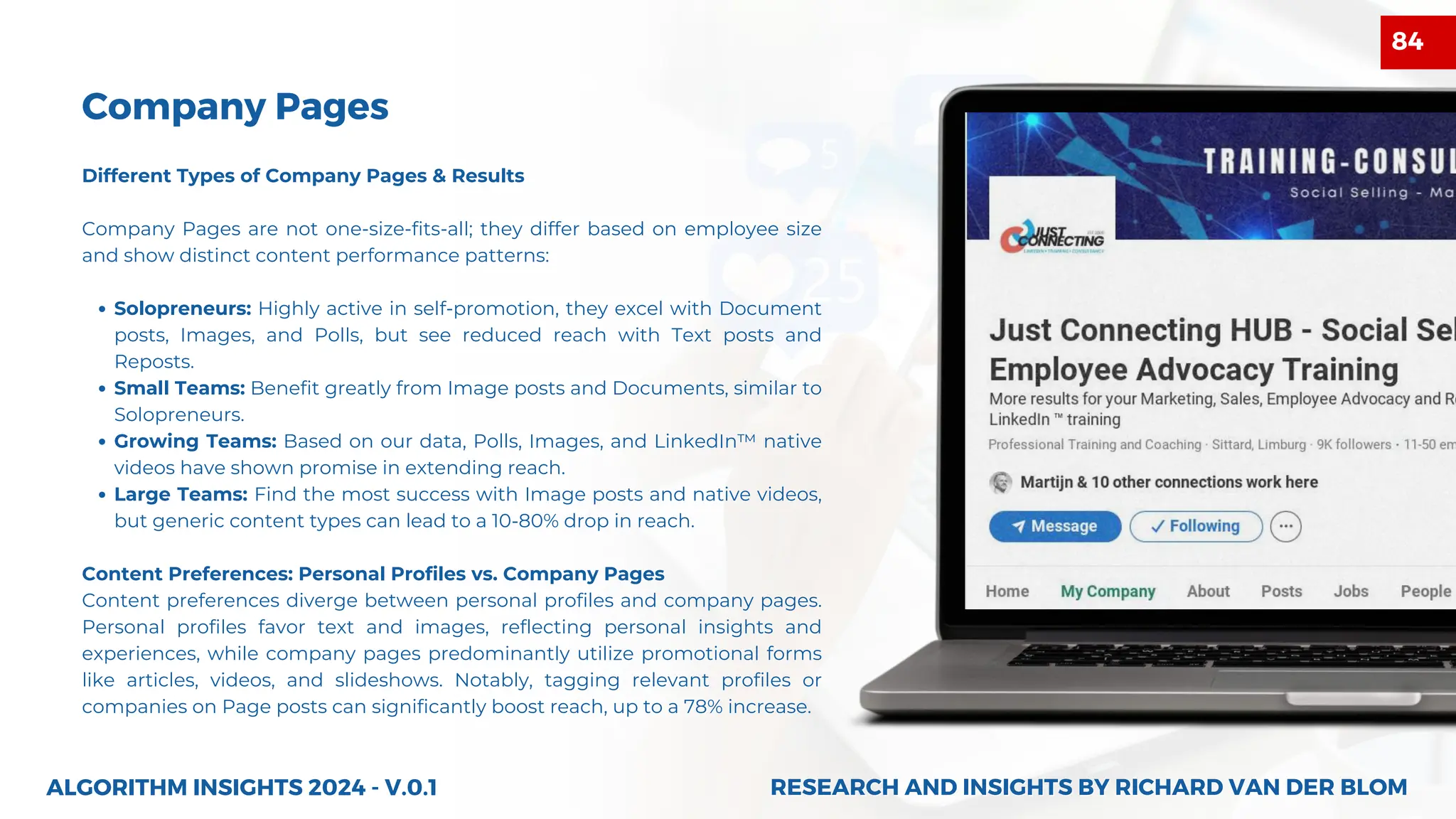 Company Pages
Different Types of Company Pages & Results
Company Pages are not one-size-fits-all; they differ based on employee size
and show distinct content performance patterns:
Solopreneurs: Highly active in self-promotion, they excel with Document
posts, Images, and Polls, but see reduced reach with Text posts and
Reposts.
Small Teams: Benefit greatly from Image posts and Documents, similar to
Solopreneurs.
Growing Teams: Based on our data, Polls, Images, and LinkedIn™ native
videos have shown promise in extending reach.
Large Teams: Find the most success with Image posts and native videos,
but generic content types can lead to a 10-80% drop in reach.
Content Preferences: Personal Profiles vs. Company Pages
Content preferences diverge between personal profiles and company pages.
Personal profiles favor text and images, reflecting personal insights and
experiences, while company pages predominantly utilize promotional forms
like articles, videos, and slideshows. Notably, tagging relevant profiles or
companies on Page posts can significantly boost reach, up to a 78% increase.
ALGORITHM INSIGHTS 2024 - V.0.1 RESEARCH AND INSIGHTS BY RICHARD VAN DER BLOM
RESEARCH AND INSIGHTS BY RICHARD VAN DER BLOM
84
 