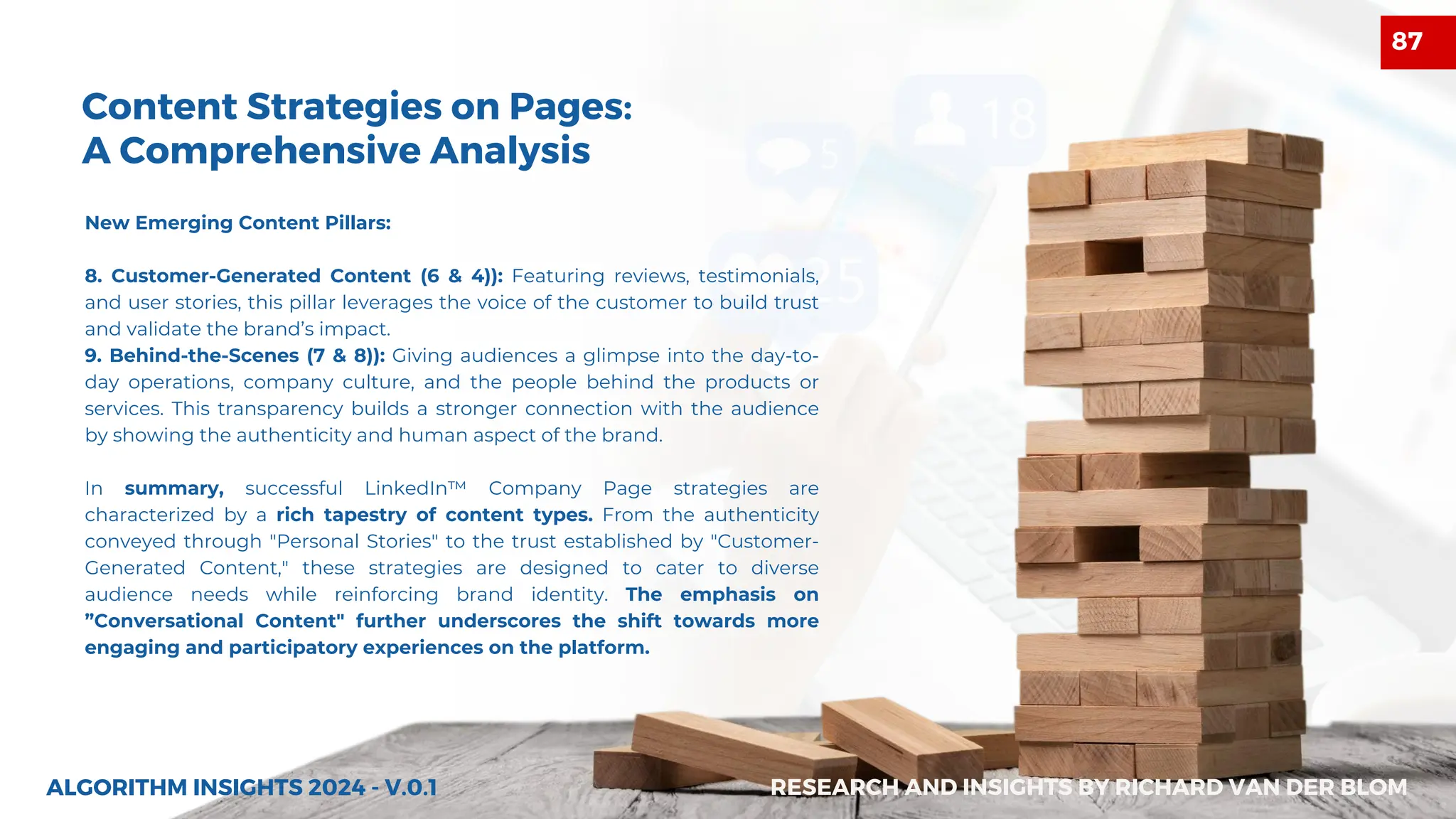 New Emerging Content Pillars:
8. Customer-Generated Content (6 & 4)): Featuring reviews, testimonials,
and user stories, this pillar leverages the voice of the customer to build trust
and validate the brand’s impact.
9. Behind-the-Scenes (7 & 8)): Giving audiences a glimpse into the day-to-
day operations, company culture, and the people behind the products or
services. This transparency builds a stronger connection with the audience
by showing the authenticity and human aspect of the brand.
In summary, successful LinkedIn™ Company Page strategies are
characterized by a rich tapestry of content types. From the authenticity
conveyed through "Personal Stories" to the trust established by "Customer-
Generated Content," these strategies are designed to cater to diverse
audience needs while reinforcing brand identity. The emphasis on
”Conversational Content" further underscores the shift towards more
engaging and participatory experiences on the platform.
ALGORITHM INSIGHTS 2024 - V.0.1
Content Strategies on Pages:
A Comprehensive Analysis
RESEARCH AND INSIGHTS BY RICHARD VAN DER BLOM
87
 