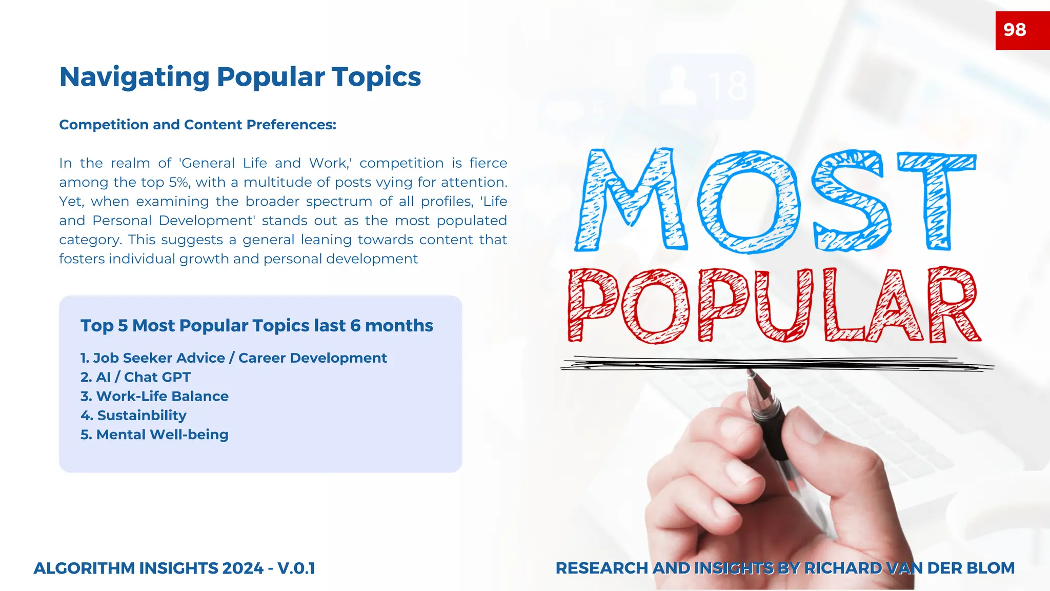 ALGORITHM INSIGHTS 2024 - V.0.1
Navigating Popular Topics
Competition and Content Preferences:
In the realm of 'General Life and Work,' competition is fierce
among the top 5%, with a multitude of posts vying for attention.
Yet, when examining the broader spectrum of all profiles, 'Life
and Personal Development' stands out as the most populated
category. This suggests a general leaning towards content that
fosters individual growth and personal development
1. Job Seeker Advice / Career Development
2. AI / Chat GPT
3. Work-Life Balance
4. Sustainbility
5. Mental Well-being
Top 5 Most Popular Topics last 6 months
RESEARCH AND INSIGHTS BY RICHARD VAN DER BLOM
RESEARCH AND INSIGHTS BY RICHARD VAN DER BLOM
98
 