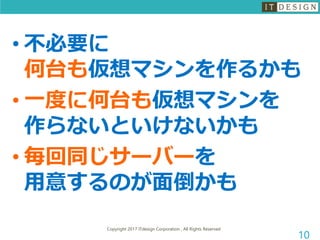 Copyright 2017 ITdesign Corporation , All Rights Reserved
10
• 不必要に
何台も仮想マシンを作るかも
• 一度に何台も仮想マシンを
作らないといけないかも
• 毎回同じサーバーを
用意するのが面倒かも
 