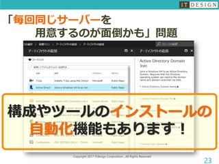 Copyright 2017 ITdesign Corporation , All Rights Reserved
23
「毎回同じサーバーを
用意するのが面倒かも」問題
構成やツールのインストールの
自動化機能もあります！
 