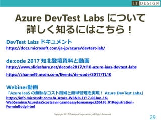 Copyright 2017 ITdesign Corporation , All Rights Reserved
29
Azure DevTest Labs について
詳しく知るにはこちら！
DevTest Labs ドキュメント
https://docs.microsoft.com/ja-jp/azure/devtest-lab/
de:code 2017 知北登壇資料と動画
https://www.slideshare.net/decode2017/tl10-azure-iaas-devtest-labs
https://channel9.msdn.com/Events/de-code/2017/TL10
Webiner動画
「Azure IaaS の無駄なコスト削減と簡単管理を実現！ Azure DevTest Labs」
https://info.microsoft.com/JA-Azure-WBNR-FY17-06Jun-16-
WebSeminarAzureIaaScostsavingsandeasytomanage328436_01Registration-
ForminBody.html
 