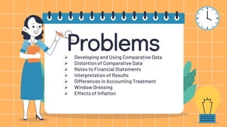 CREDITS: This presentation template was created by
Slidesgo, including icons by Flaticon, infographics &
images by Freepik
 Developing and Using Comparative Data
 Distortion of Comparative Data
 Notes to Financial Statements
 Interpretation of Results
 Differences in Accounting Treatment
 Window Dressing
 Effects of Inflation
Problems
 