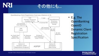 Copyright© Nomura Research Institute, Ltd. All rights reserved.
その他にも…
39
• E.g. The
OpenBanking
OpenID
Dynamic Client
Registration
Specification
 