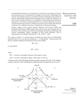 of technologies and privacy. It is important to note the form and shape of security
here because privacy is bounded by the supply of the security technologies, but
security also depends on privacy such that if privacy disappeared, the portion of
security technologies dealing with enhancing privacy would also disappear. In
other words we argue that there is a symbiotic of relationship between security
and privacy with some advantage allocated over security. Removal of privacy
would not necessarily result in a collapse of security, but it is likely that the latter
would exist in a different form (e.g. a totalitarian or dictatorial regime).
.
Security supply versus security demand. Branson and Litvack (1981) and
Dornbush and Fischer (1998) suggest that market forces and economic laws, if
left alone, will eventually push security technologies demand to equilibrium with
security technologies supply, regardless of their initial allocation. This is
represented by the identity function SD ¼ SS, or f(P) ¼ g(V).
The model in Figure 1 is constructed by chaining the three pairs of relationships
presented above in a way that an equilibrium – or relationship – between price and
privacy satisﬁes (adapted from Branson and Litvack (1981)):
SD ¼ SS
or equivalently:
fðPÞ ¼ gðVÞ ð1Þ
where:
f(P) ¼ security technologies demand, with respect to price.
g(V) ¼ security technologies supply, with respect to privacy.
AchangeinpricesofDfwillchangetheleft-handsideofequation(1)byDP · f0
ðPÞ.Similarly,
a chance in privacy of DV will change the right-hand side of equation (1) by DV · g0
ðVÞ.
Figure 1.
Security technologies
market
Price (P)
Security technologies
supply (SS)
SD = f(P)
Security technologies
demand (SD)
SD = SS
Privacy (V)
SD
SS
Q1Q2
Q3 Q4
P1
P0 A0
A1
SD0 SD1 V1 V0
SS1
SS0
SS = g(V)
Macroeconomics
of privacy and
security
149
 