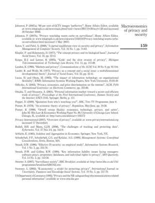 SM2SB
¼ 2
k0
ðVÞ
h0ðPÞ
. 0
The slope of SM-SB curve in Figure 2 describing equilibrium pairs of P and V,
represents the adversarial technologies market and is positive because h0
ðPÞ , 0 and
k0
ðVÞ . 0.
So far we have derived two pieces of geometric equipment. One gives the equilibrium
pairs of P and V in Figure 1, i.e. the SD-SS curve in the security technologies market and
the other gives the equilibrium pairs of P and V in Figure 2, i.e. the SM-SB curve in the
technologies of the adversary market. By placing these two curves in the same
quadrant, shown in Figure 3, obtained by solving the two equilibrium equations
f(P) ¼ g(V) and SS* ¼ h(P) þ k(V) simultaneously, we can ﬁnd the single P, V pair
that gives equilibrium in both markets. This is shown as the equilibrium point E (PE, VE)
of the intersection of the SD-SS and SM-SB curves in Figure 3.
Figure 2.
Adversarial
technologies market
Technologies demand
for benign purposes
(SB)
Price (P)
SM = h(P)
Technologies demand SS*
for malicious purposes
(SM)
SS* = SM + SB
Privacy (V)
SB
SM
Q1Q2
Q3 Q4SB = k(V)
SS*
SM1SM0
P1
P0
V0 V1
B1
SB1
SB0
B0
Macroeconomics
of privacy and
security
151
 