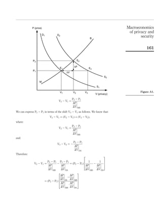 select group of individuals or organisations. Comparing this policy to the base case, we
can make the following observations:
M1. As all data will reside in one system, the complexity of the system will increase.
The larger data schemas will result in a larger number of permutations of
states, data and interfaces accessing the system. Reﬂecting upon Ashby’s LRV
shows this will result in a larger number of controls. In order to maintain the
same amount of privacy as before, more security will be required.
M2. With “all eggs in one basket”, the data type with the highest privacy
requirements is likely to set the security requirements of the overall ID
management system.
M3. Increased complexity of the ID management system means security will
become more expensive and, assuming a ﬁxed budget, aggregate demand will
appear to drop.
M4. Some security technologies will be available to a limited, select group.
Assumptions M1 and M2 would cause a leftward rotation of the privacy-security
supply curve in Q4, as shown in Figure 4. Assumptions M3 and M4 produce a
rightward shift of the demand curve, shown in Q2. The movement of the curves in Q2
and Q4 would have a knock-on effect to the relationship between privacy and price in
Q1, by causing a leftward shift. The new equilibrium function is represented in Q1
in Figure 4 by the dashed line SD0
-SS0
. The new position of the equilibrium function is
deﬁnitely to the left of the initial position, because the effects of the changes in the
security technologies demand and supply functions are reinforcing one the each other.
Accepting the predicted outcome from the model we expect an ID management
solution is expected to affect the adversarial market as follows:
Figure 4.
The impact of the
introduction of a
central ID management
system to the security
technologies market
Price (P)
Security technologies
supply (SS)
SD = f(P)
Security technologies
demand (SD)
SD = SS
Privacy (V)
SD
SS
Q1Q2
Q3 Q4
additional security
for maintaining the
same privacy
SS = g(V)
SD´
SD´
SS´
SS’
Macroeconomics
of privacy and
security
153
 