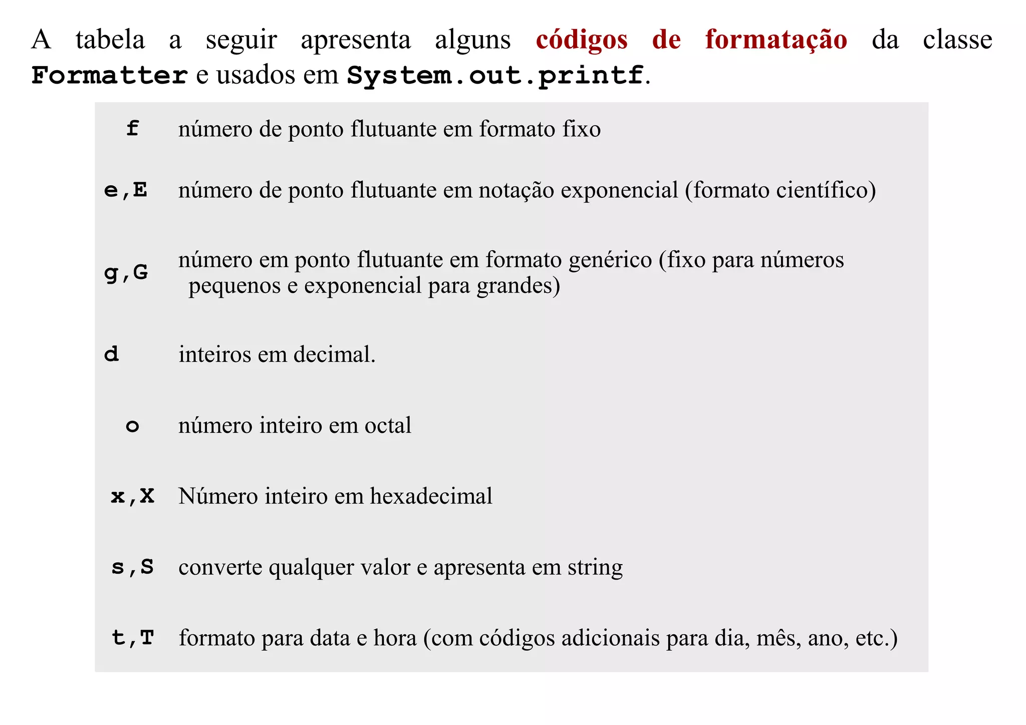 A tabela a seguir apresenta alguns códigos de formatação da classe
Formatter e usados em System.out.printf.
         f   número de ponto flutuante em formato fixo

     e,E     número de ponto flutuante em notação exponencial (formato científico)


     g,G     número em ponto flutuante em formato genérico (fixo para números
              pequenos e exponencial para grandes)

     d       inteiros em decimal.

         o   número inteiro em octal

     x,X Número inteiro em hexadecimal

     s,S converte qualquer valor e apresenta em string

     t,T formato para data e hora (com códigos adicionais para dia, mês, ano, etc.)
 