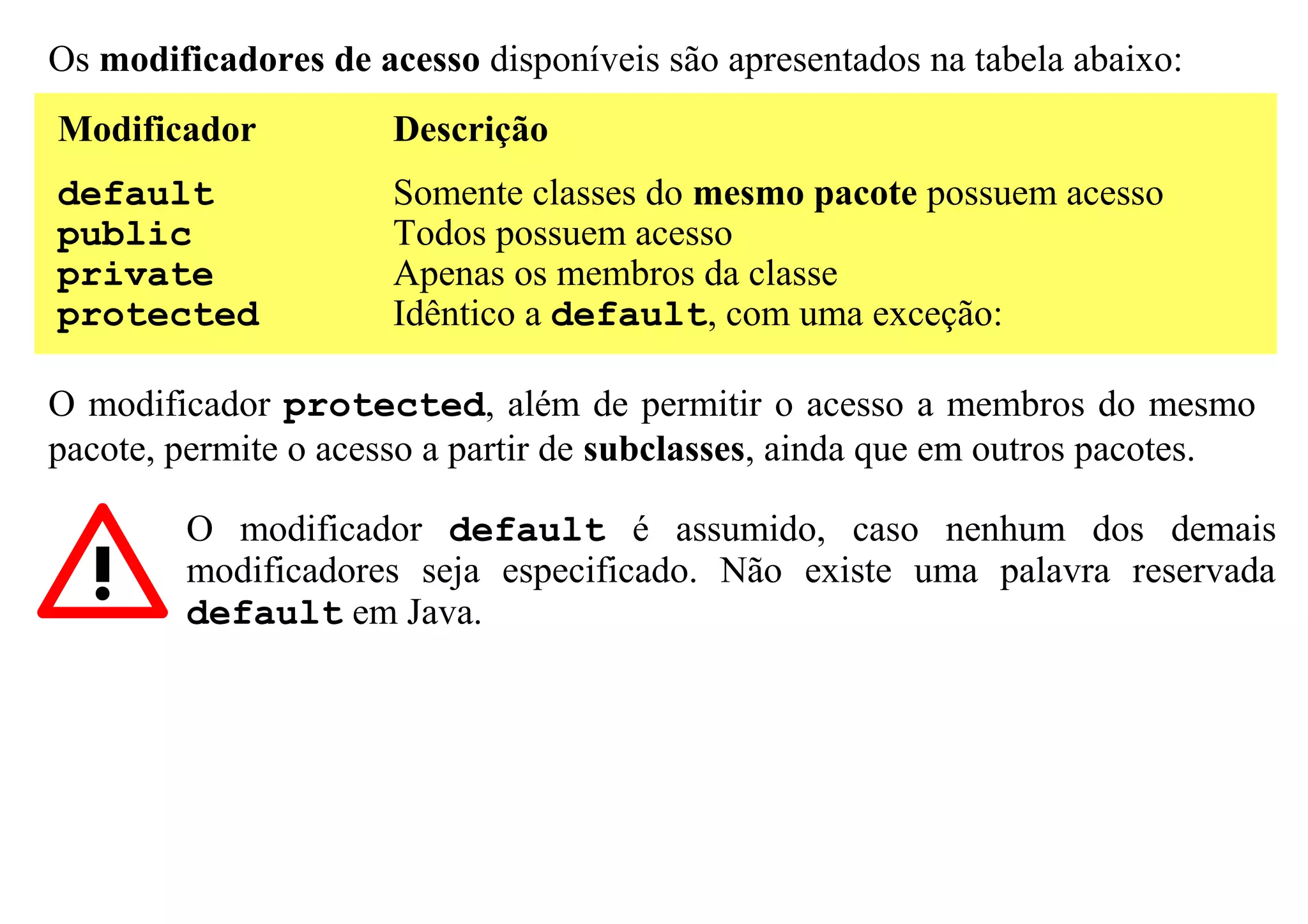 Os modificadores de acesso disponíveis são apresentados na tabela abaixo:
Modificador           Descrição
default               Somente classes do mesmo pacote possuem acesso
public                Todos possuem acesso
private               Apenas os membros da classe
protected             Idêntico a default, com uma exceção:

O modificador protected, além de permitir o acesso a membros do mesmo
pacote, permite o acesso a partir de subclasses, ainda que em outros pacotes.

        O modificador default é assumido, caso nenhum dos demais
        modificadores seja especificado. Não existe uma palavra reservada
        default em Java.
 