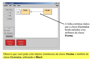 A linha contínua indica
                                                       que a classe Circulo
                                                       herda métodos e/ou
                                                       atributos da classe
                                                       Forma.




Observe que você pode criar objetos (instâncias) da classe Forma e também da
classe Circulo, utilizando o BlueJ.
 