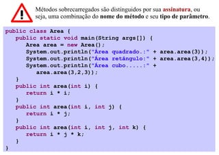 Métodos sobrecarregados são distinguidos por sua assinatura, ou
        seja, uma combinação do nome do método e seu tipo de parâmetro.

public class Area {
   public static void main(String args[]) {
      Area area = new Area();
      System.out.println("Área quadrado.:" + area.area(3));
      System.out.println("Área retângulo:" + area.area(3,4));
      System.out.println("Área cubo.....:" +
         area.area(3,2,3));
   }
   public int area(int i) {
      return i * i;
   }
   public int area(int i, int j) {
      return i * j;
   }
   public int area(int i, int j, int k) {
      return i * j * k;
   }
}
 