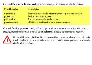 Os modificadores de acesso disponíveis são apresentados na tabela abaixo:
Modificador           Descrição
default               Somente classes do mesmo pacote possuem acesso
public                Todos possuem acesso
private               Apenas os membros da classe
protected             Idêntico a default, com uma exceção:

O modificador protected, além de permitir o acesso a membros do mesmo
pacote, permite o acesso a partir de subclasses, ainda que em outros pacotes.

        O modificador default é assumido, caso nenhum dos demais
        modificadores seja especificado. Não existe uma palavra reservada
        default em Java.
 
