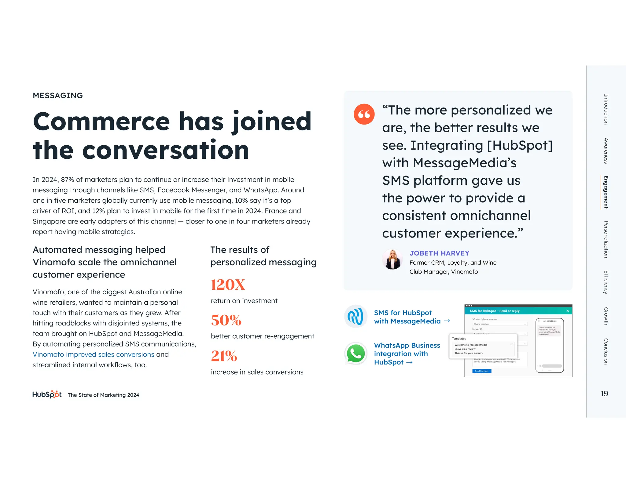 The State of Marketing 2024 19
“The more personalized we
are, the better results we
see. Integrating [HubSpot]
with MessageMedia’s
SMS platform gave us
the power to provide a
consistent omnichannel
customer experience.”
JOBETH HARVEY
MESSAGING
In 2024, 87% of marketers plan to continue or increase their investment in mobile
Singapore are early adopters of this channel — closer to one in four marketers already
report having mobile strategies.
Automated messaging helped
Vinomofo scale the omnichannel
customer experience
The results of
personalized messaging
wine retailers, wanted to maintain a personal
touch with their customers as they grew. After
hitting roadblocks with disjointed systems, the
and
Introduction
Awareness
Engagement
Personalization
Growth
Conclusion
19
increase in sales conversions
better customer re-engagement
return on investment
21%
50%
120X
SMS for HubSpot
with MessageMedia
WhatsApp Business
integration with
HubSpot
 